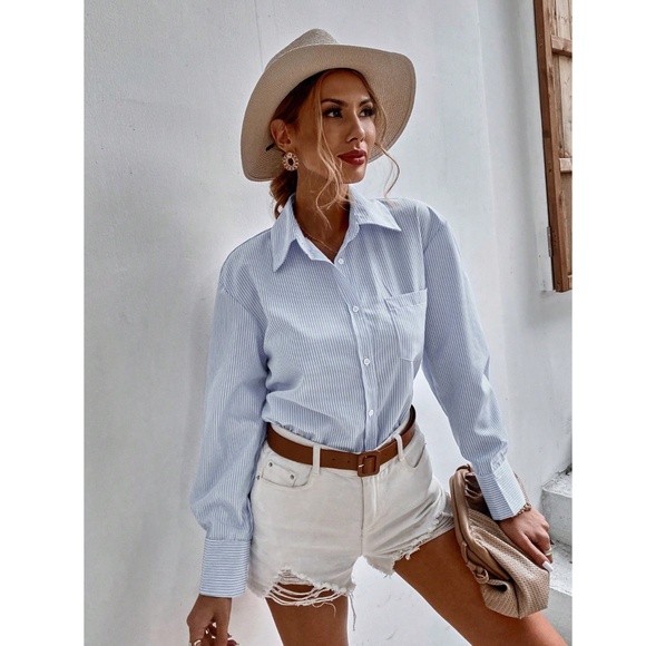 Blue and White Striped Casual Oversized Button Down Shirt Front Pocket - Picture 6 of 8